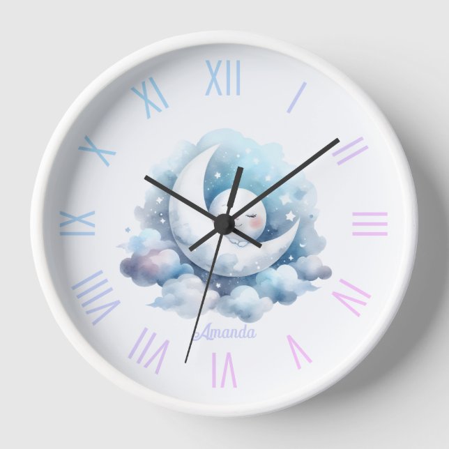Personalisierter Mond und Wolken Kindersäulenuhr Uhr (Vorderseite)