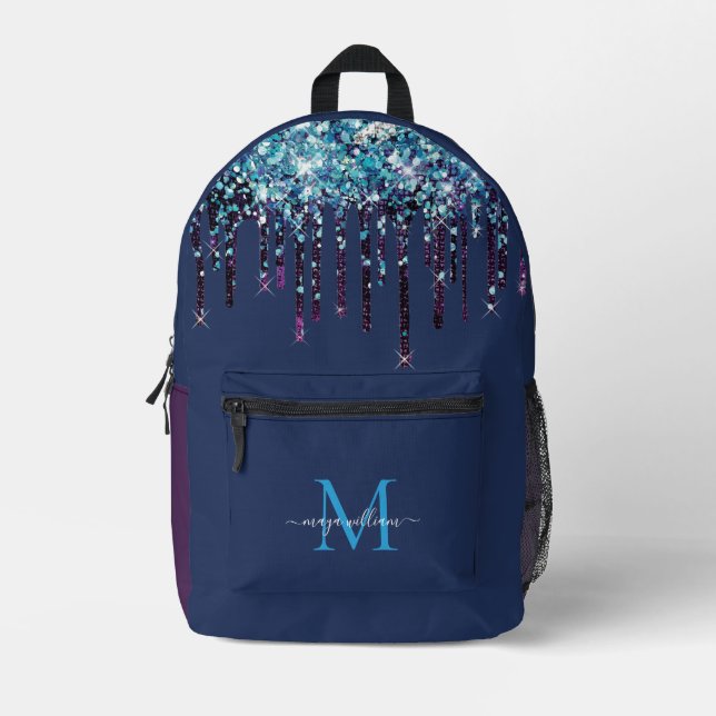 Personalisierter Monogram Blue Agate Glitzer Bedruckter Rucksack (Vorderseite)