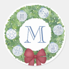 Personalisierter Monogram Christmas Boxwood Wreath Runder Aufkleber
