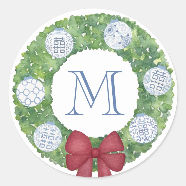 Personalisierter Monogram Christmas Boxwood Wreath Runder Aufkleber (Vorderseite)