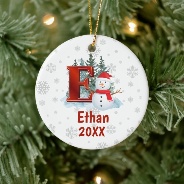 Personalisierter Monogram Letter E Snowman Weihnac Keramik Ornament (Baum)
