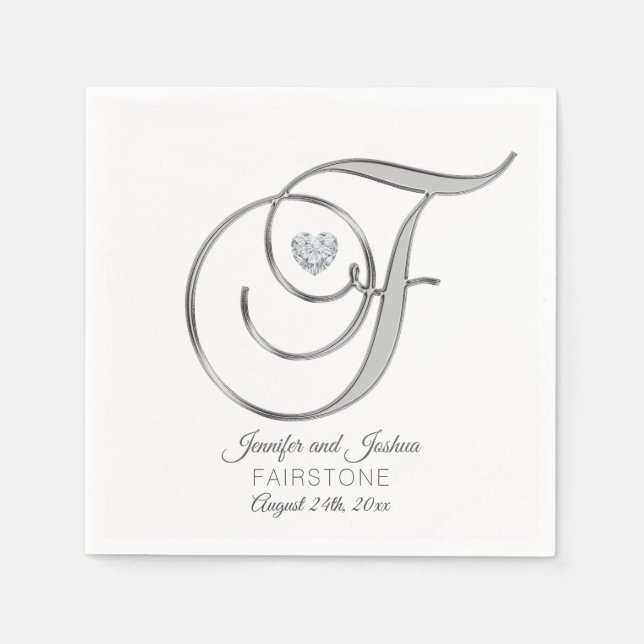 Personalisierter Monogram Letter F Silver Wedding Serviette (Vorderseite)