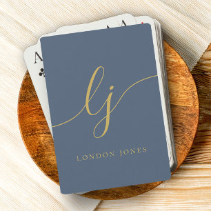 Personalisierter Monogram Name Navy Blue Gold Scri Spielkarten