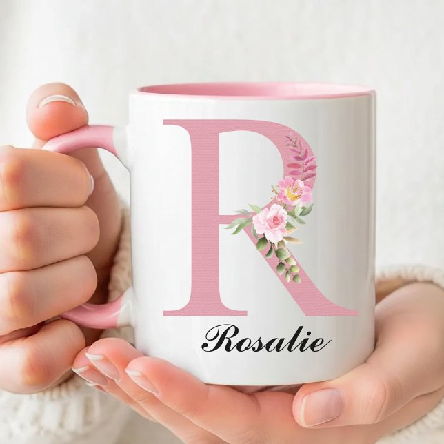Personalisierter Monogramm-Becher mit rosa Rosen a Tasse (Personalized Rose Mug Christmas Gift for Her, Floral Monogram Coffee Mug Thank You Gift for Her)