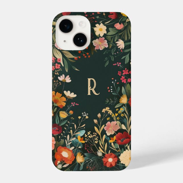 Personalisierter monogramm floraler Telefonkasten iPhone 14 Hülle (Rückseite)
