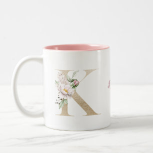 Personalisierter Monogramm-Goldbuchstabe K Rosa Fl Zweifarbige Tasse