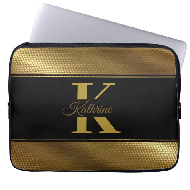 personalisierter Monogramm-Name goldschwarz Laptopschutzhülle (Vorderseite)