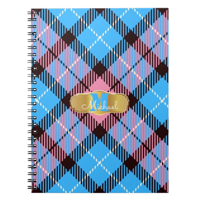 Personalisierter Monogramm Name Pink Blue Tartan K Notizblock (Vorderseite)