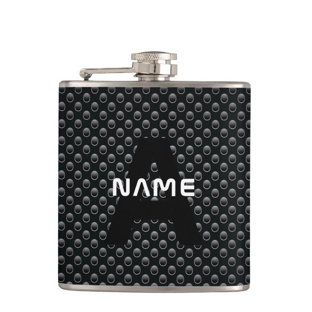 Personalisierter Monogramm Name Schwarz-Weiß-Textu Flachmann (Vorderseite)