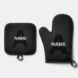 Personalisierter Monogramm Name Schwarz-Weiß-Textu Ofenhandschuh & Topflappen-Set
