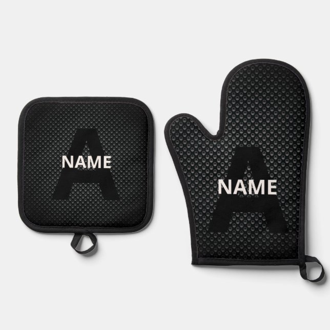 Personalisierter Monogramm Name Schwarz-Weiß-Textu Ofenhandschuh & Topflappen-Set (Vorderseite)