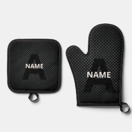 Personalisierter Monogramm Name Schwarz-Weiß-Textu Ofenhandschuh & Topflappen-Set
