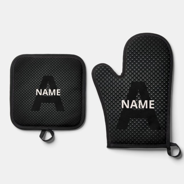 Personalisierter Monogramm Name Schwarz-Weiß-Textu Ofenhandschuh & Topflappen-Set (Vorderseite)