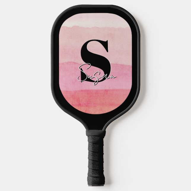 Personalisierter Monogramm-Rosa-Skriptname Pickleball Schläger (Vorderseite)