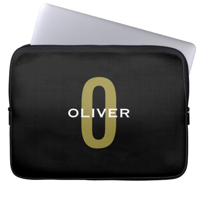 Personalisierter Monogramm Schwarzer Goldname Laptopschutzhülle (Vorderseite)