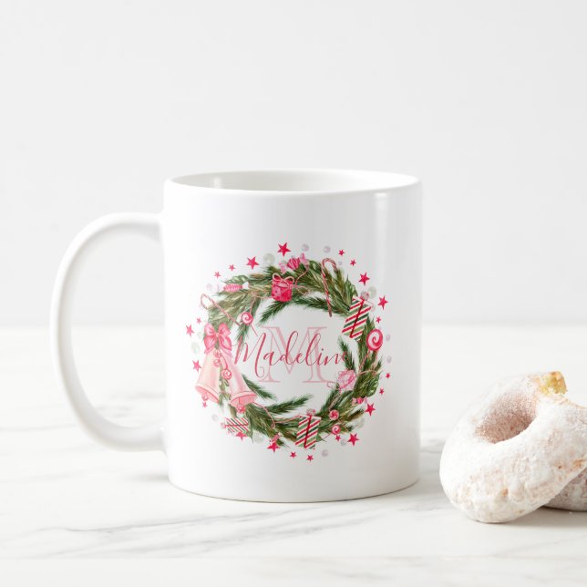 Personalisierter Monogramm-WeihnachtsWreath u. Kaffeetasse (Mit Donut)