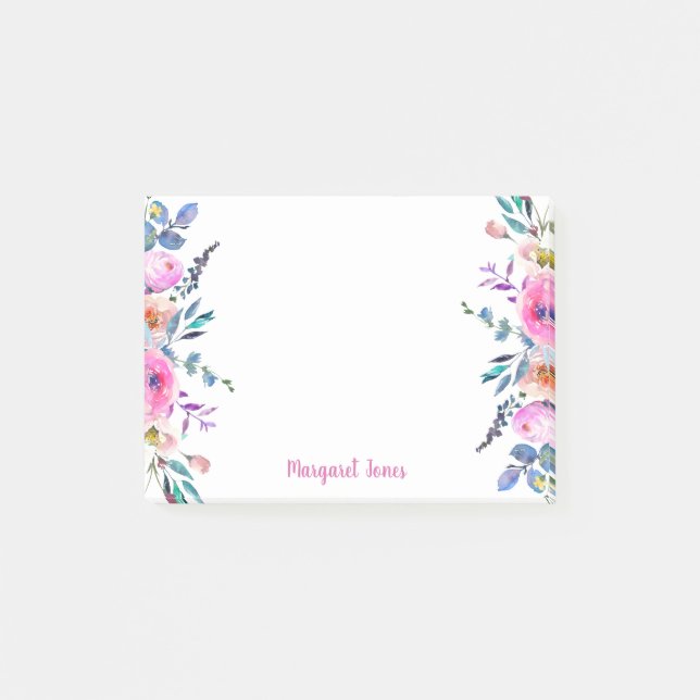 Personalisierter Monogrammname Rosa blühende Blüte Post-it Klebezettel (Vorderseite)