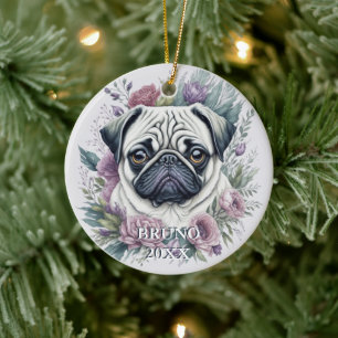Personalisierter Mops Aquarellfarben Weihnachten Keramik Ornament