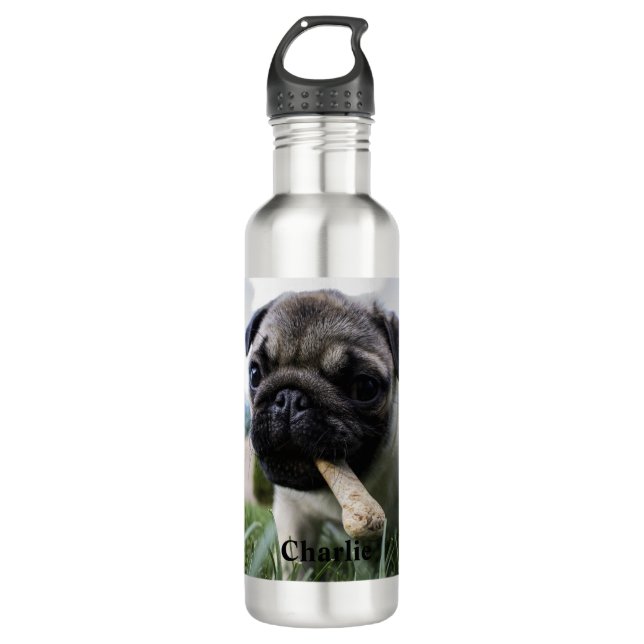 Personalisierter Mops Foto und Name Edelstahlflasche (Vorderseite)