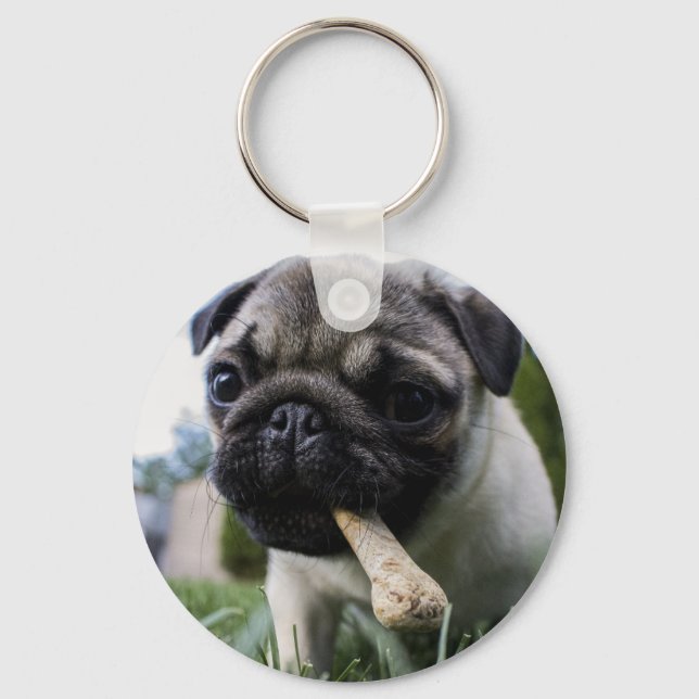 Personalisierter Mops Foto und Name Schlüsselanhänger (Vorderseite)