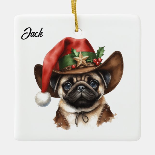 Personalisierter Mops mit Cowboy-Weihnachtsmannmüt Keramikornament (Vorderseite)