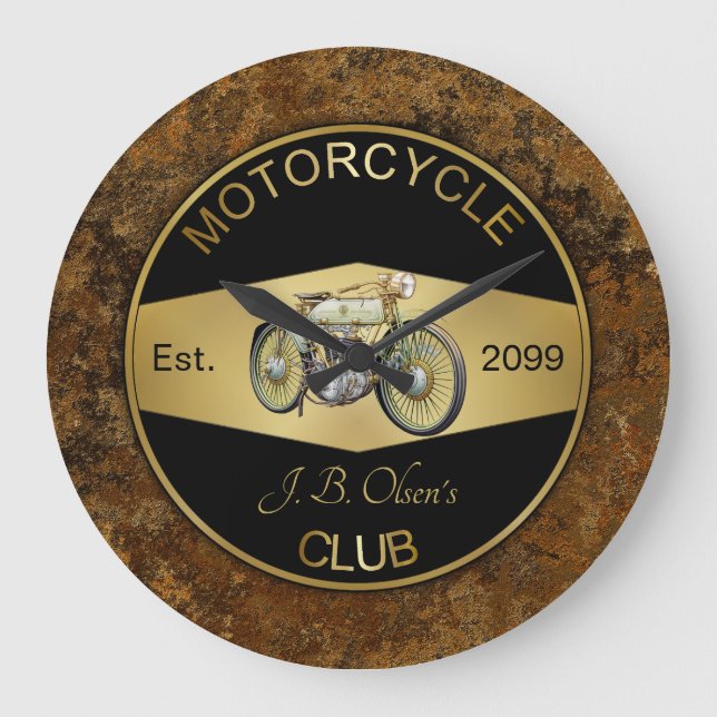 Personalisierter Motorradclub Schwarz & Gold Große Wanduhr (Vorderseite)