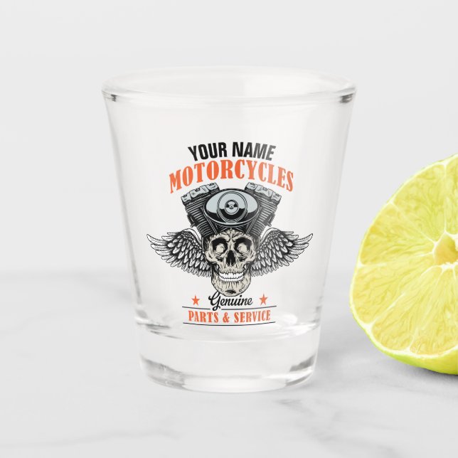 Personalisierter Motorradladen Schnapsglas (Vorderseite)