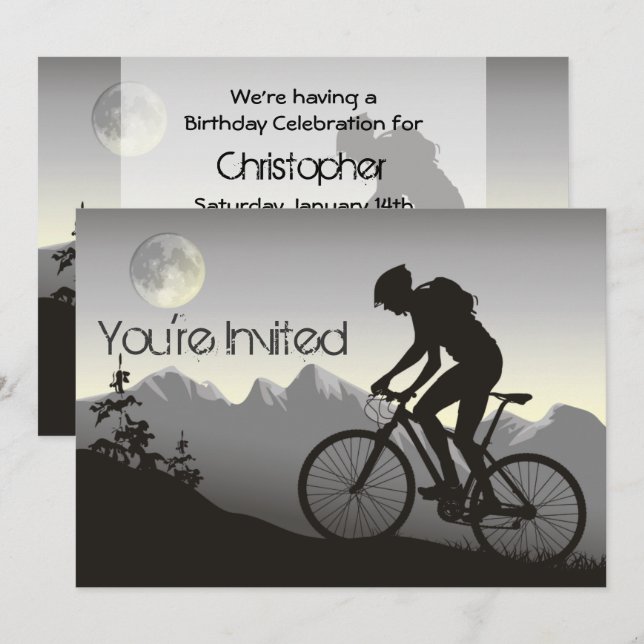 Personalisierter Mountainbiker und Mond zum Geburt Einladung (Vorne/Hinten)