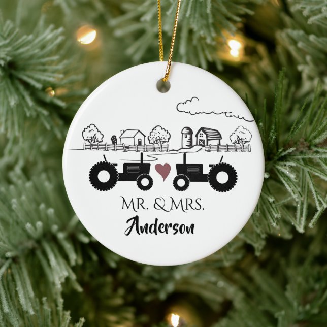 Personalisierter Mr. & Mrs. Tractor Farm 1. Weihna Keramik Ornament (Baum)