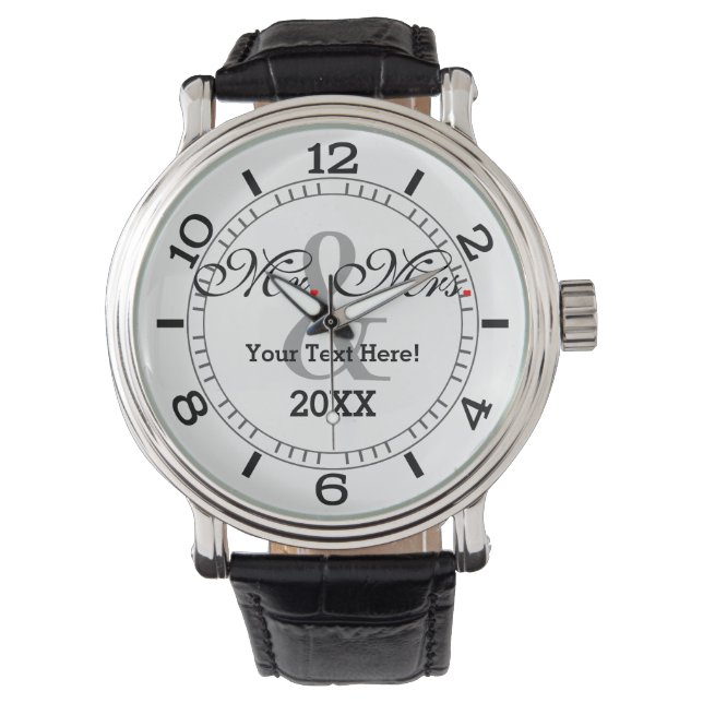 Personalisierter Mr. und Mrs. Plus Farbwahl Armbanduhr (Vorderseite)