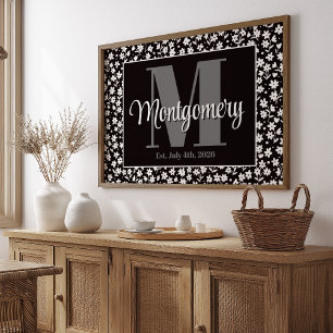 Personalisierter Nachname Druck Schwarz Weiß Flora Poster