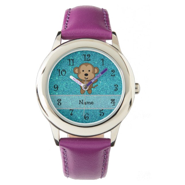 Personalisierter Name Affe Türkis Glitzer Armbanduhr (Vorderseite)