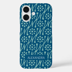 Personalisierter Name Aquamarin Blue Boho Floral R iPhone 16 Hülle