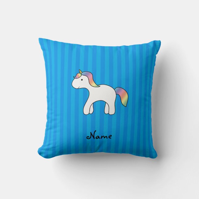 Personalisierter Name Baby unicorblau Streifen Kissen (Vorderseite)