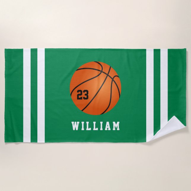 Personalisierter Name Basketball Grüne Streifen Strandtuch (Vorderseite)
