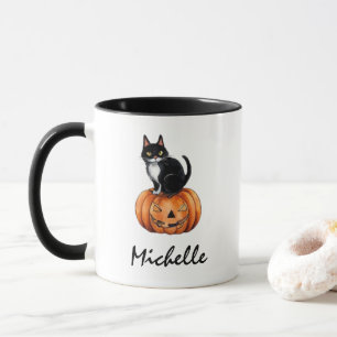 Personalisierter Name Black Cat & Pumpkin Hallowee Tasse