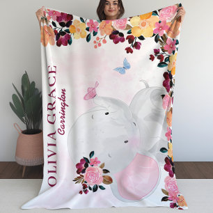 Personalisierter Name Blanket mit Elefant + Blume Fleecedecke
