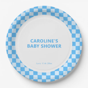 Personalisierter Name Blau Kariert Retro-Baby-Part Pappteller