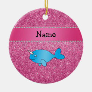 Personalisierter Name Blau Narwhal Pink Glitzer Keramikornament