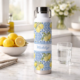 Personalisierter Name Blaue Fliese Mittelmeer-Limo Trinkflasche