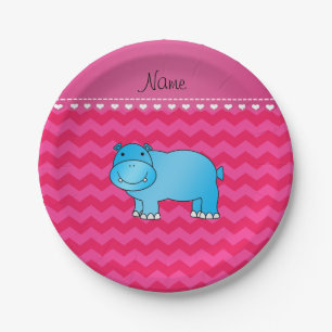 Personalisierter Name blauer Hippo heiß rosa Chevr Pappteller
