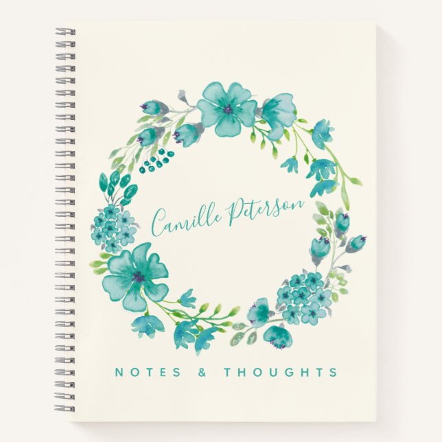 Personalisierter Name Blue Floral Wreath Stilvolle Notizbuch (Vorderseite)