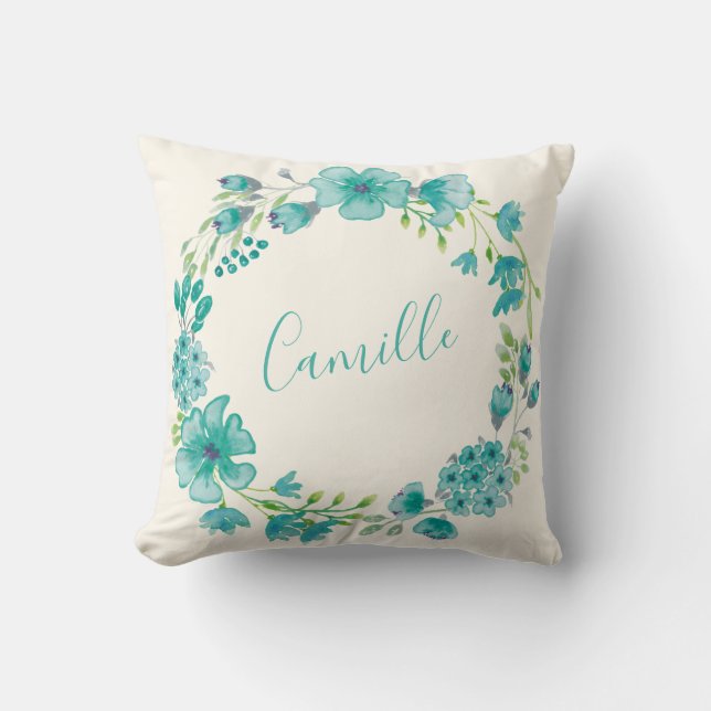 Personalisierter Name Blue Floral Wreath Wohngesta Kissen (Vorderseite)