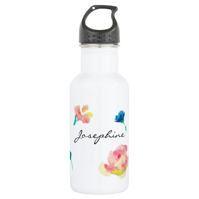 Personalisierter Name, Boho Blume Aquarellmalerei Edelstahlflasche (Vorderseite)