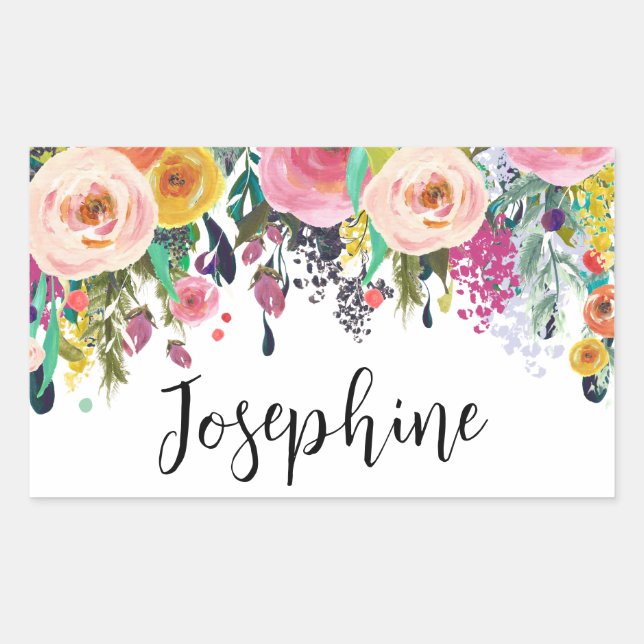 Personalisierter Name Boho BlumenzIMMER Kinderzimm Rechteckiger Aufkleber (Vorderseite)