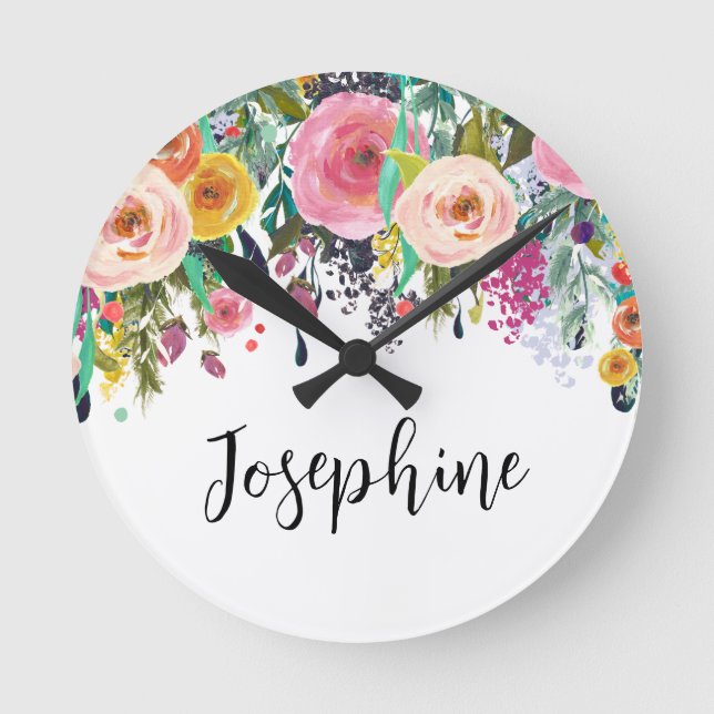 Personalisierter Name Boho BlumenzIMMER Kinderzimm Runde Wanduhr (Vorderseite)