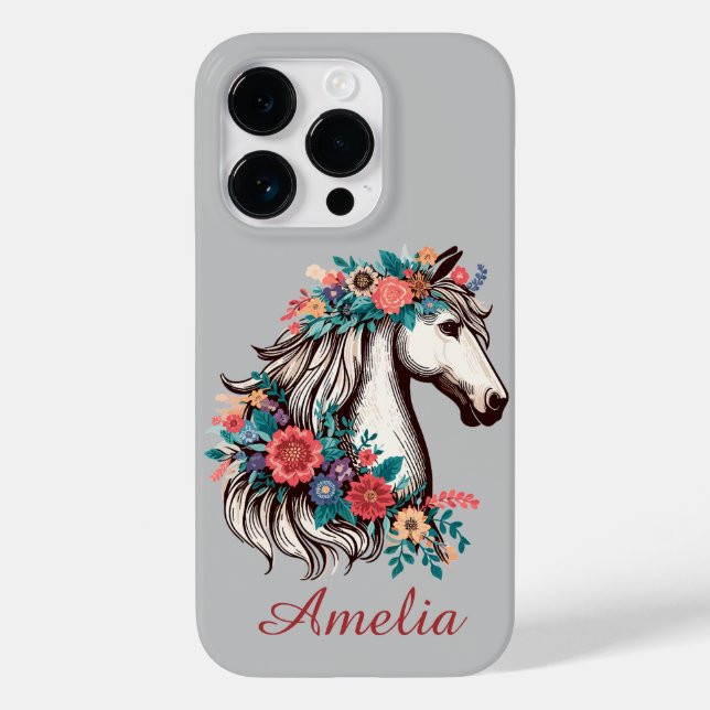 Personalisierter Name Boho Pferd mit Blume Case-Mate iPhone 14 Pro Hülle (Rückseite)