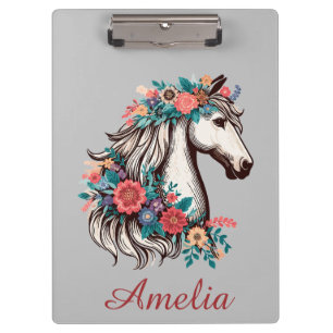 Personalisierter Name Boho Pferd mit Blume Klemmbrett