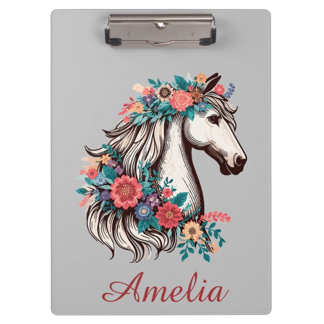 Personalisierter Name Boho Pferd mit Blume Klemmbrett (Vorderseite)