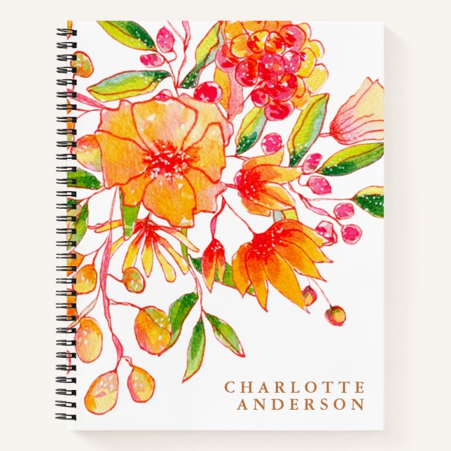Personalisierter Name Boho Pink und Orange Floral Notizbuch (Vorderseite)